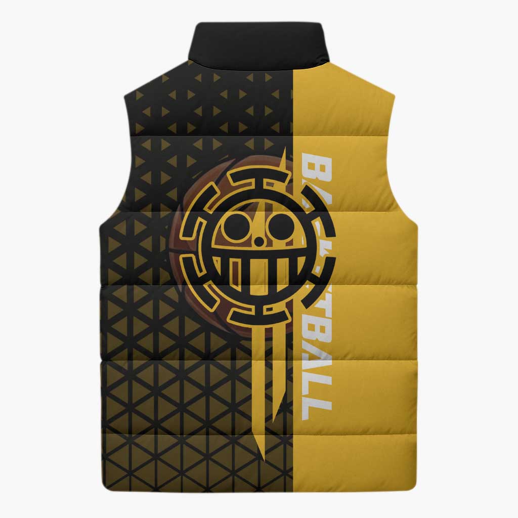 Trafalgar Law One Piece Basketball Theme Yellow and Black Design Sleeveless Puffer Jacket with Heart Pirates Emblem and Action Pose - The Mazicc