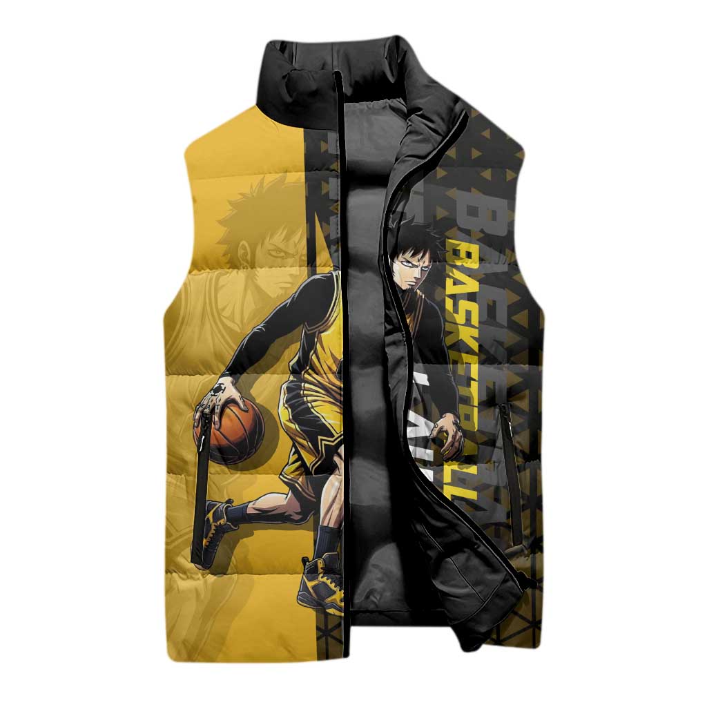 Trafalgar Law One Piece Basketball Theme Yellow and Black Design Sleeveless Puffer Jacket with Heart Pirates Emblem and Action Pose - The Mazicc