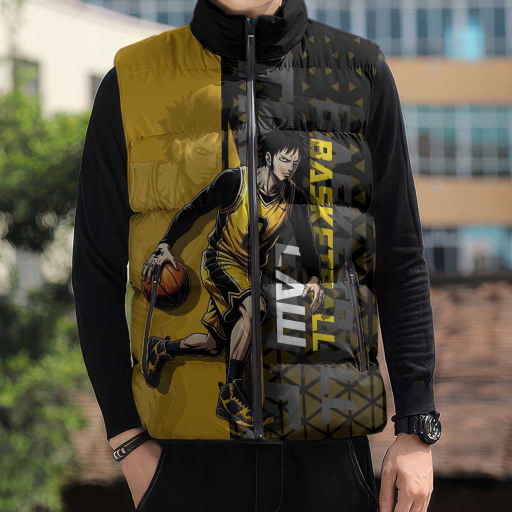 Trafalgar Law One Piece Basketball Theme Yellow and Black Design Sleeveless Puffer Jacket with Heart Pirates Emblem and Action Pose - The Mazicc