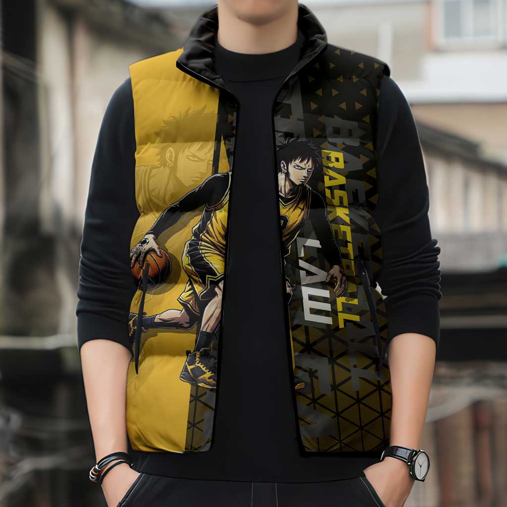 Trafalgar Law One Piece Basketball Theme Yellow and Black Design Sleeveless Puffer Jacket with Heart Pirates Emblem and Action Pose - The Mazicc