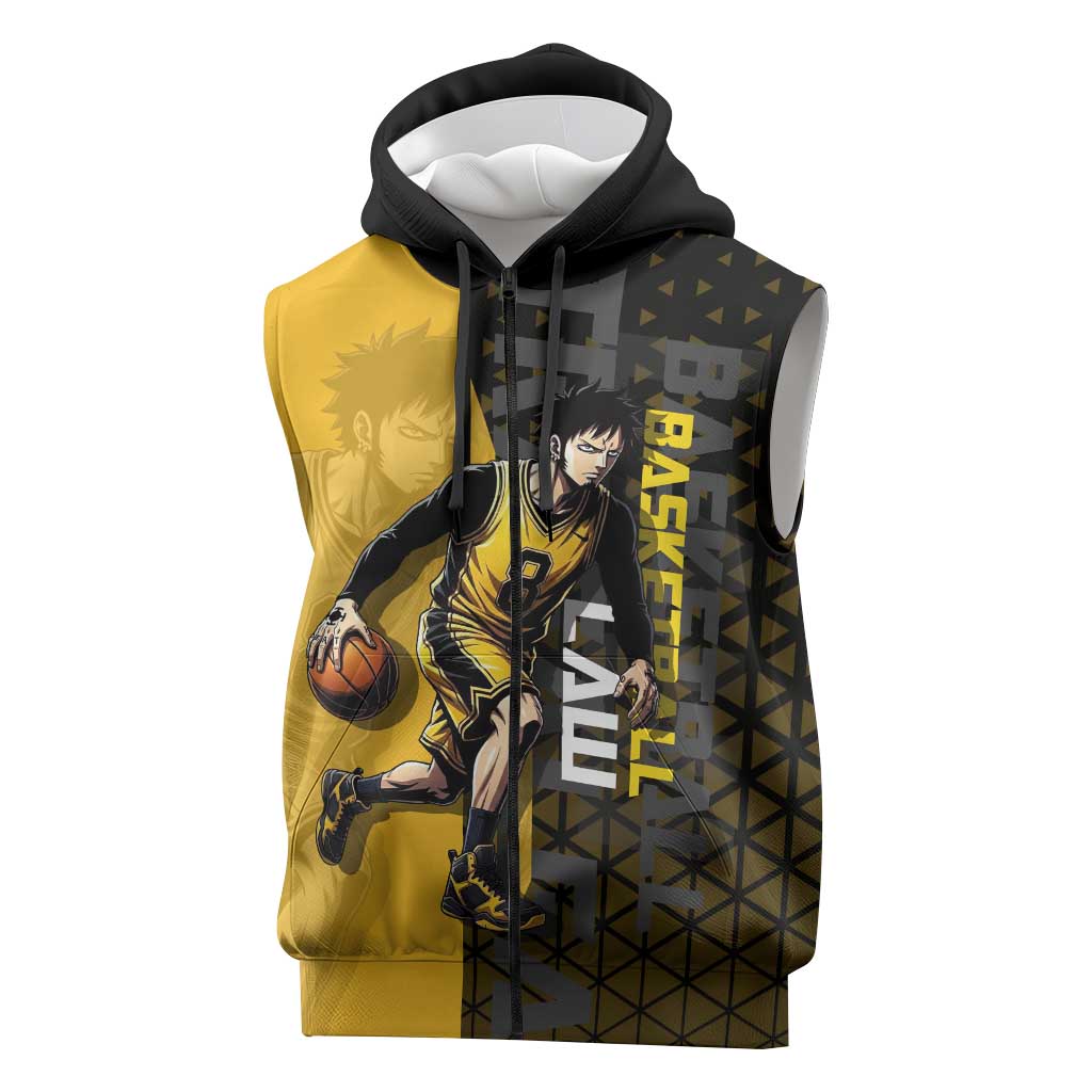 Trafalgar Law One Piece Basketball Theme Yellow and Black Design Sleeveless Zip Hoodie with Heart Pirates Emblem and Action Pose - The Mazicc
