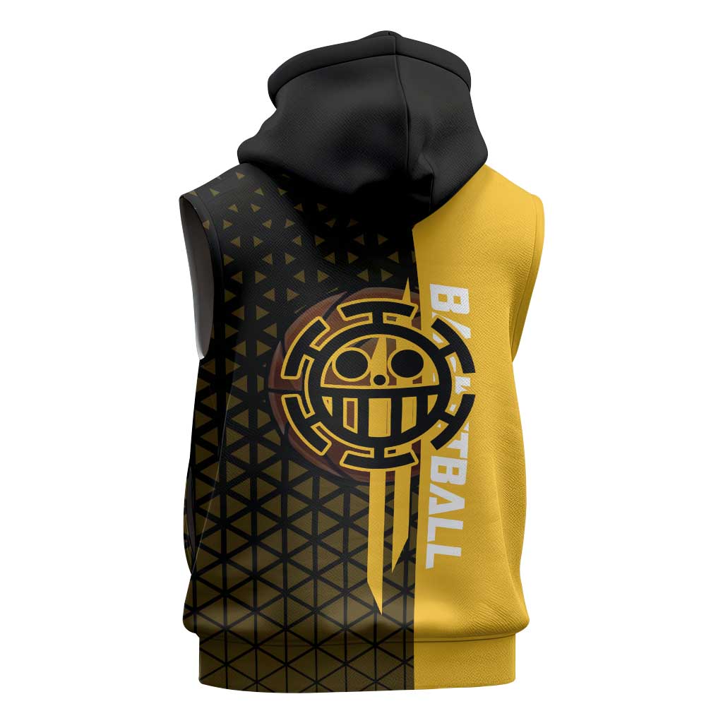 Trafalgar Law One Piece Basketball Theme Yellow and Black Design Sleeveless Zip Hoodie with Heart Pirates Emblem and Action Pose - The Mazicc