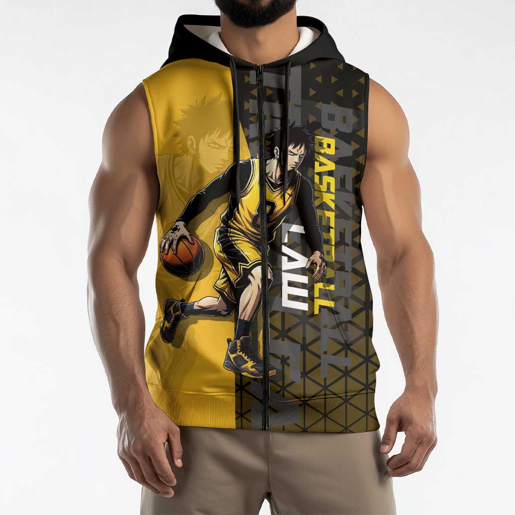 Trafalgar Law One Piece Basketball Theme Yellow and Black Design Sleeveless Zip Hoodie with Heart Pirates Emblem and Action Pose - The Mazicc