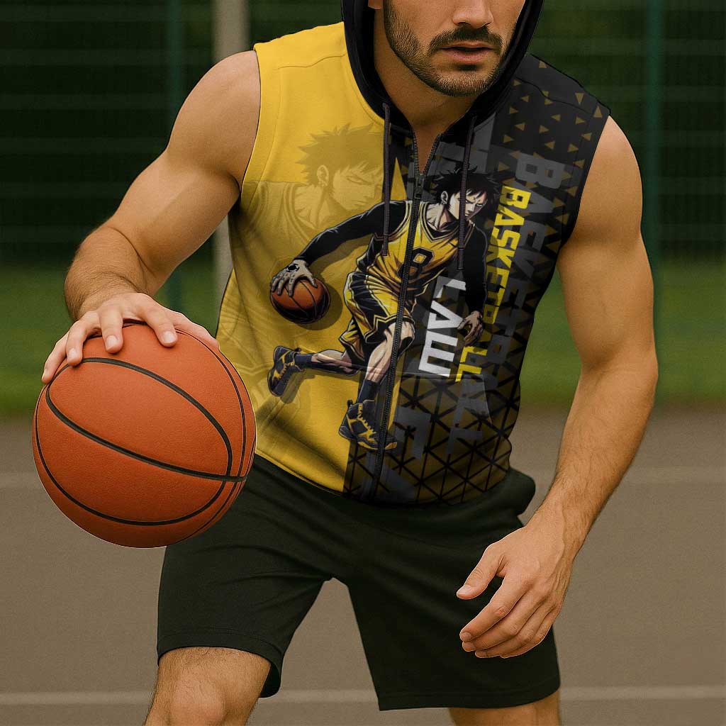 Trafalgar Law One Piece Basketball Theme Yellow and Black Design Sleeveless Zip Hoodie with Heart Pirates Emblem and Action Pose - The Mazicc