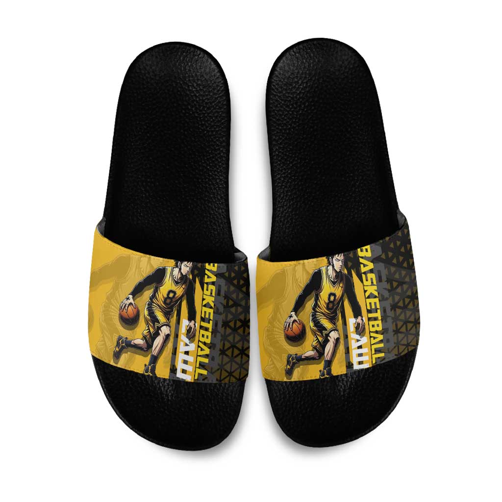 Trafalgar Law One Piece Basketball Theme Yellow and Black Design Slide Sandals with Heart Pirates Emblem and Action Pose - The Mazicc