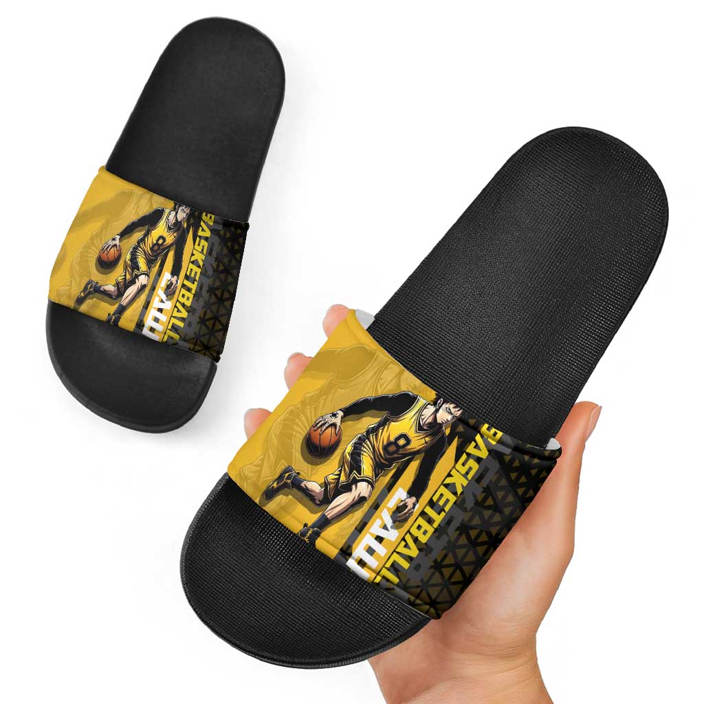 Trafalgar Law One Piece Basketball Theme Yellow and Black Design Slide Sandals with Heart Pirates Emblem and Action Pose - The Mazicc