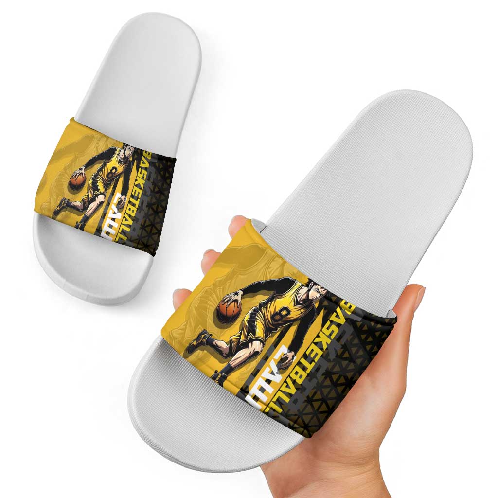 Trafalgar Law One Piece Basketball Theme Yellow and Black Design Slide Sandals with Heart Pirates Emblem and Action Pose - The Mazicc