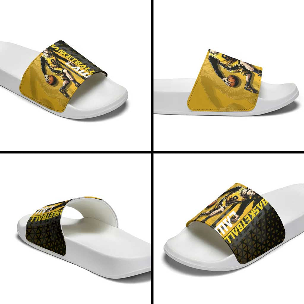 Trafalgar Law One Piece Basketball Theme Yellow and Black Design Slide Sandals with Heart Pirates Emblem and Action Pose - The Mazicc