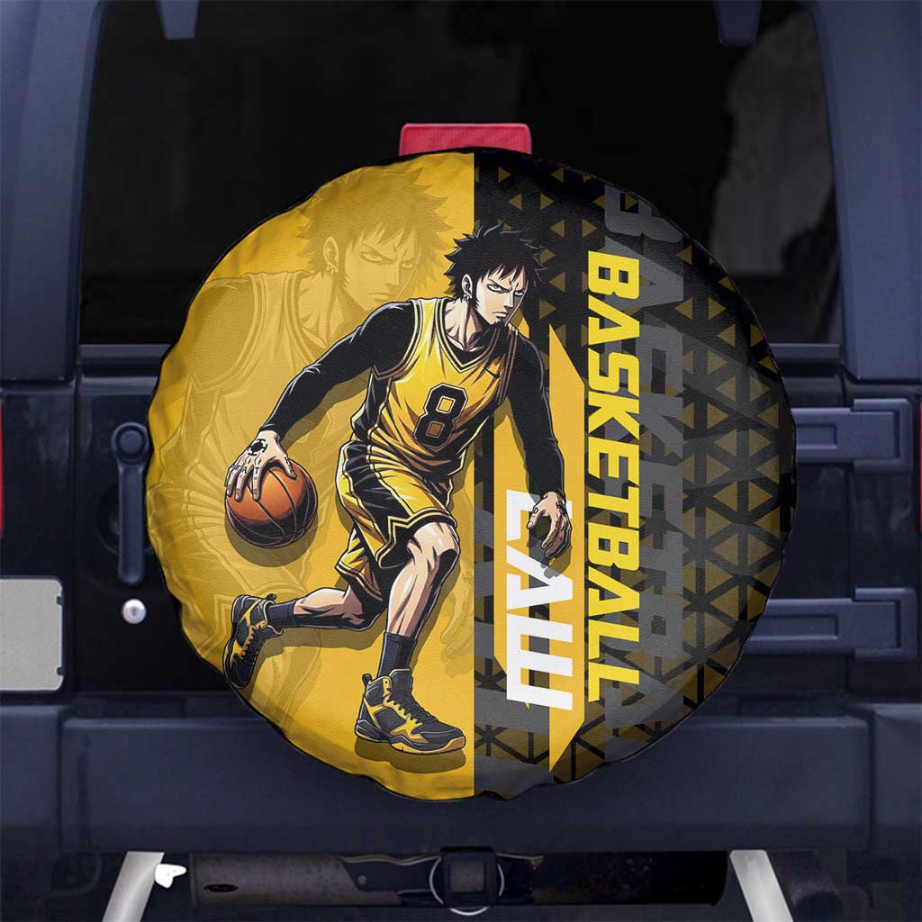 Trafalgar Law One Piece Basketball Theme Yellow and Black Design Spare Tire Cover with Heart Pirates Emblem and Action Pose - The Mazicc