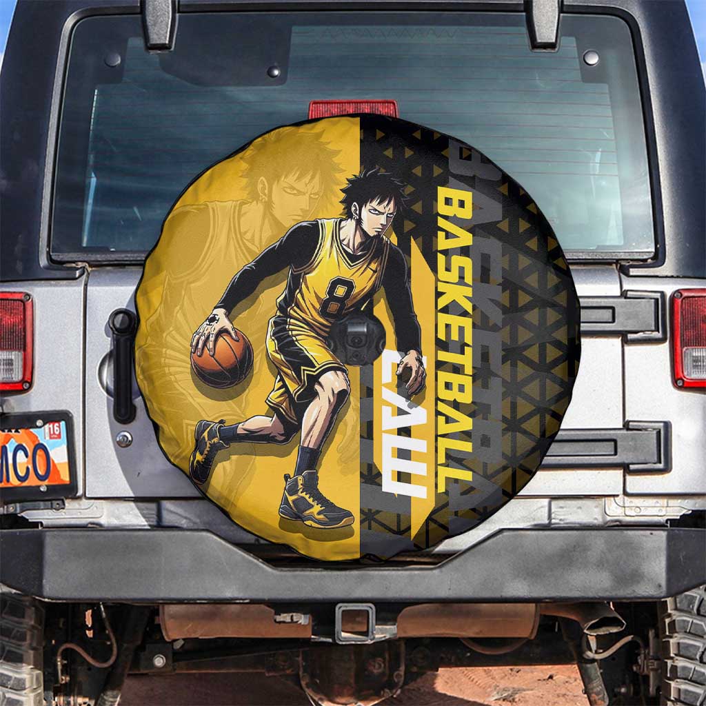 Trafalgar Law One Piece Basketball Theme Yellow and Black Design Spare Tire Cover with Heart Pirates Emblem and Action Pose - The Mazicc