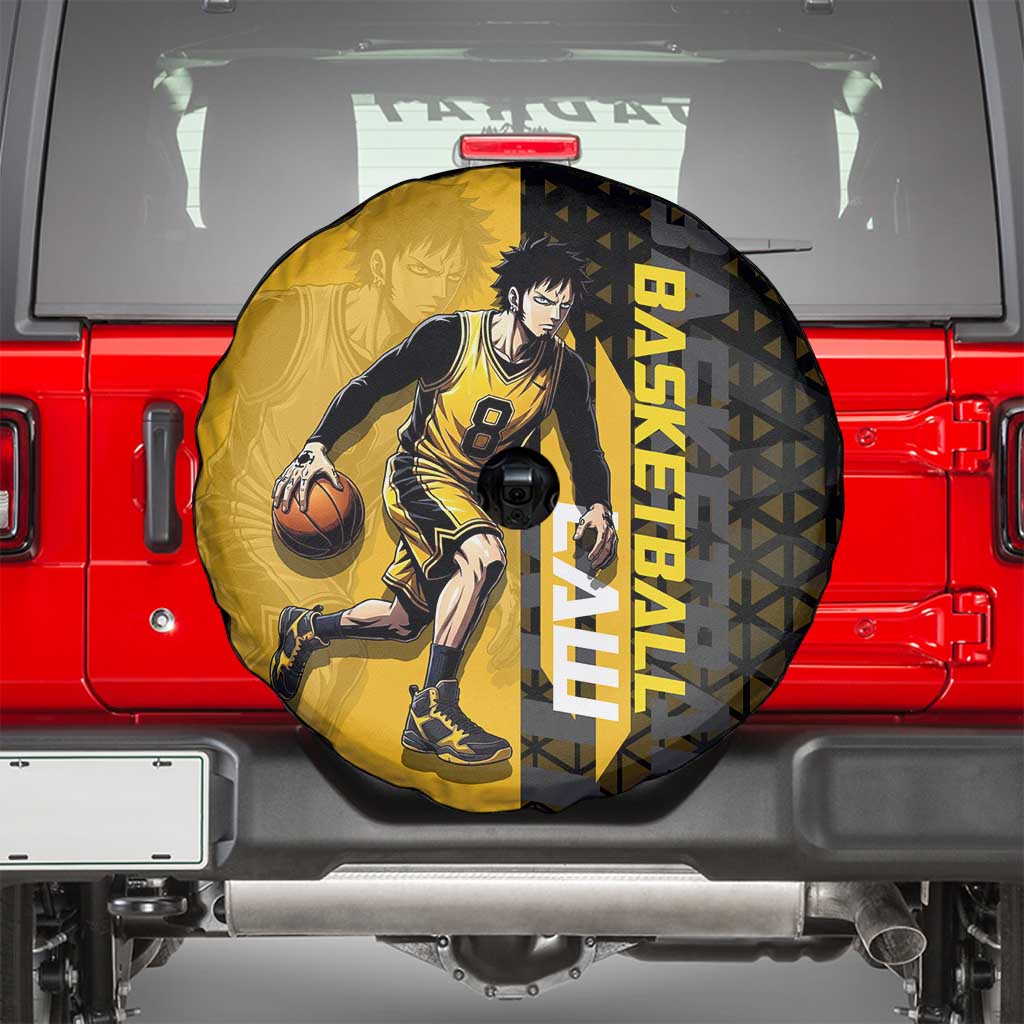 Trafalgar Law One Piece Basketball Theme Yellow and Black Design Spare Tire Cover with Heart Pirates Emblem and Action Pose - The Mazicc