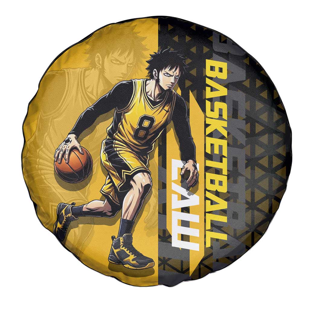 Trafalgar Law One Piece Basketball Theme Yellow and Black Design Spare Tire Cover with Heart Pirates Emblem and Action Pose - The Mazicc