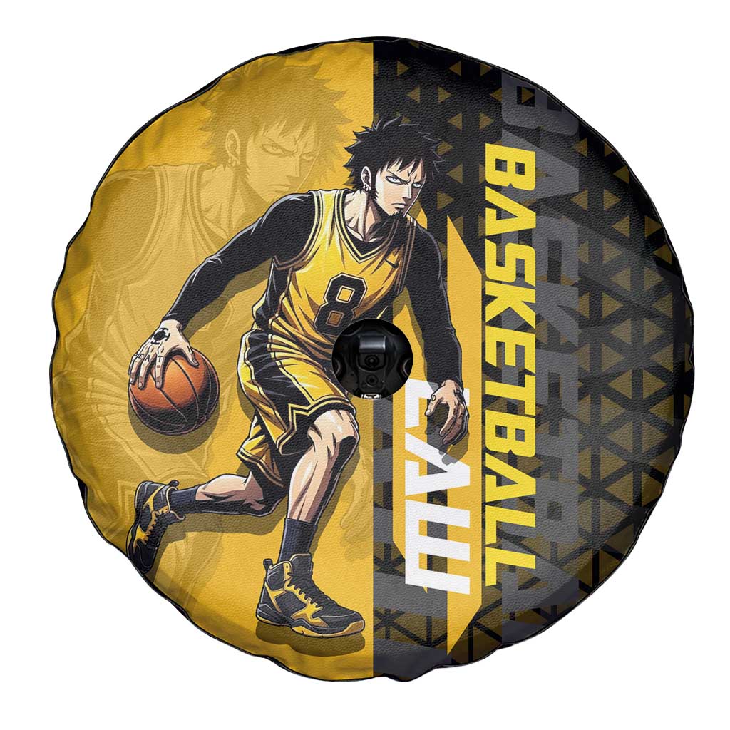 Trafalgar Law One Piece Basketball Theme Yellow and Black Design Spare Tire Cover with Heart Pirates Emblem and Action Pose - The Mazicc