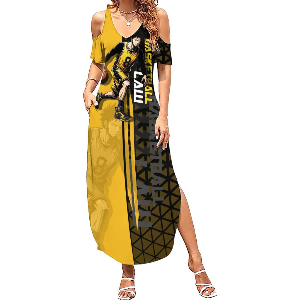 Trafalgar Law One Piece Basketball Theme Yellow and Black Design Summer Maxi Dress with Heart Pirates Emblem and Action Pose - The Mazicc