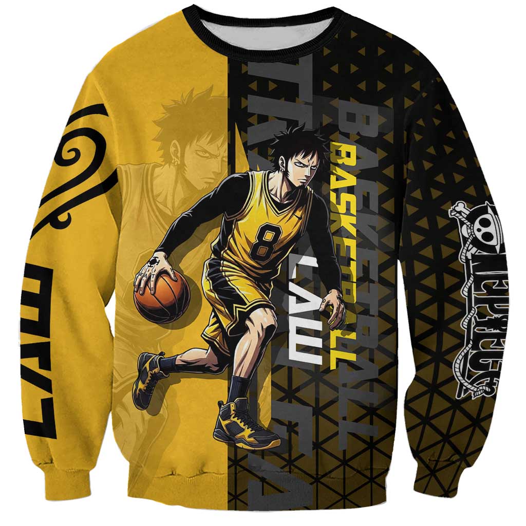 Trafalgar Law One Piece Basketball Theme Yellow and Black Design Sweatshirt with Heart Pirates Emblem and Action Pose - The Mazicc