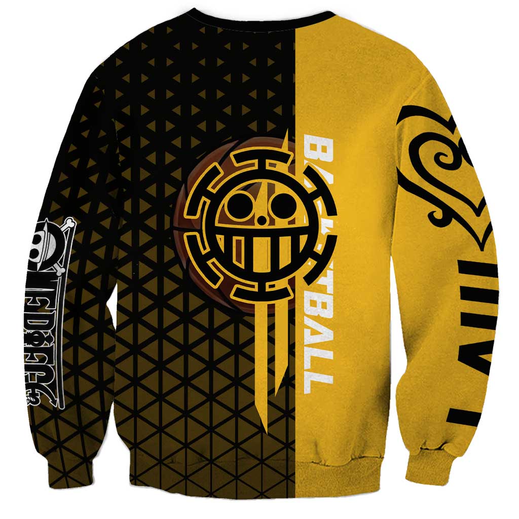 Trafalgar Law One Piece Basketball Theme Yellow and Black Design Sweatshirt with Heart Pirates Emblem and Action Pose - The Mazicc