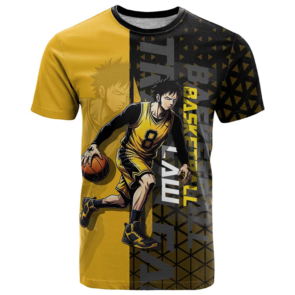 Trafalgar Law One Piece Basketball Theme Yellow and Black Design T Shirt with Heart Pirates Emblem and Action Pose - The Mazicc