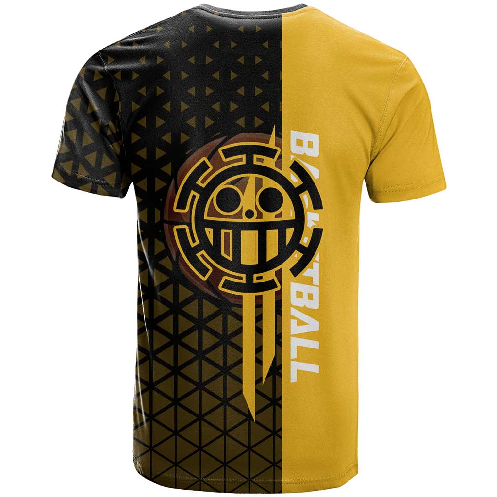 Trafalgar Law One Piece Basketball Theme Yellow and Black Design T Shirt with Heart Pirates Emblem and Action Pose - The Mazicc
