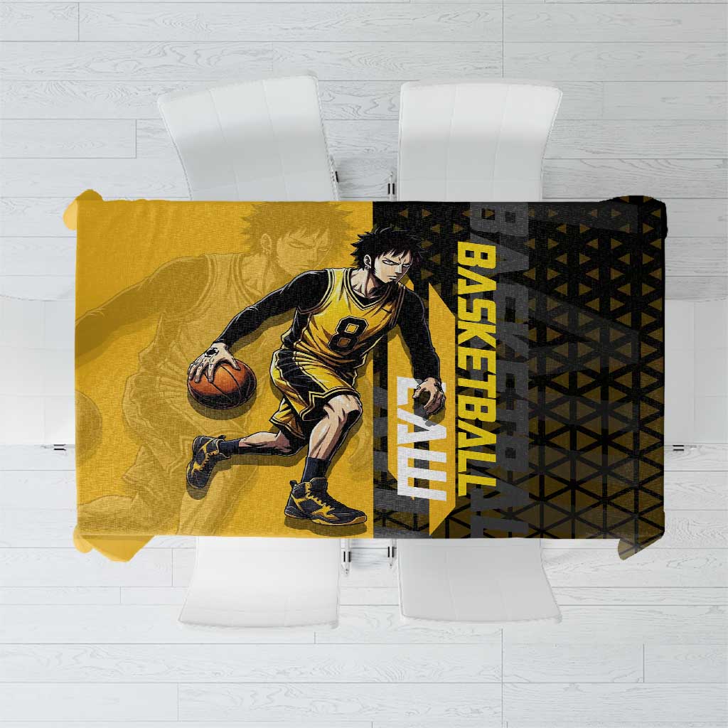 Trafalgar Law One Piece Basketball Theme Yellow and Black Design Tablecloth with Heart Pirates Emblem and Action Pose - The Mazicc