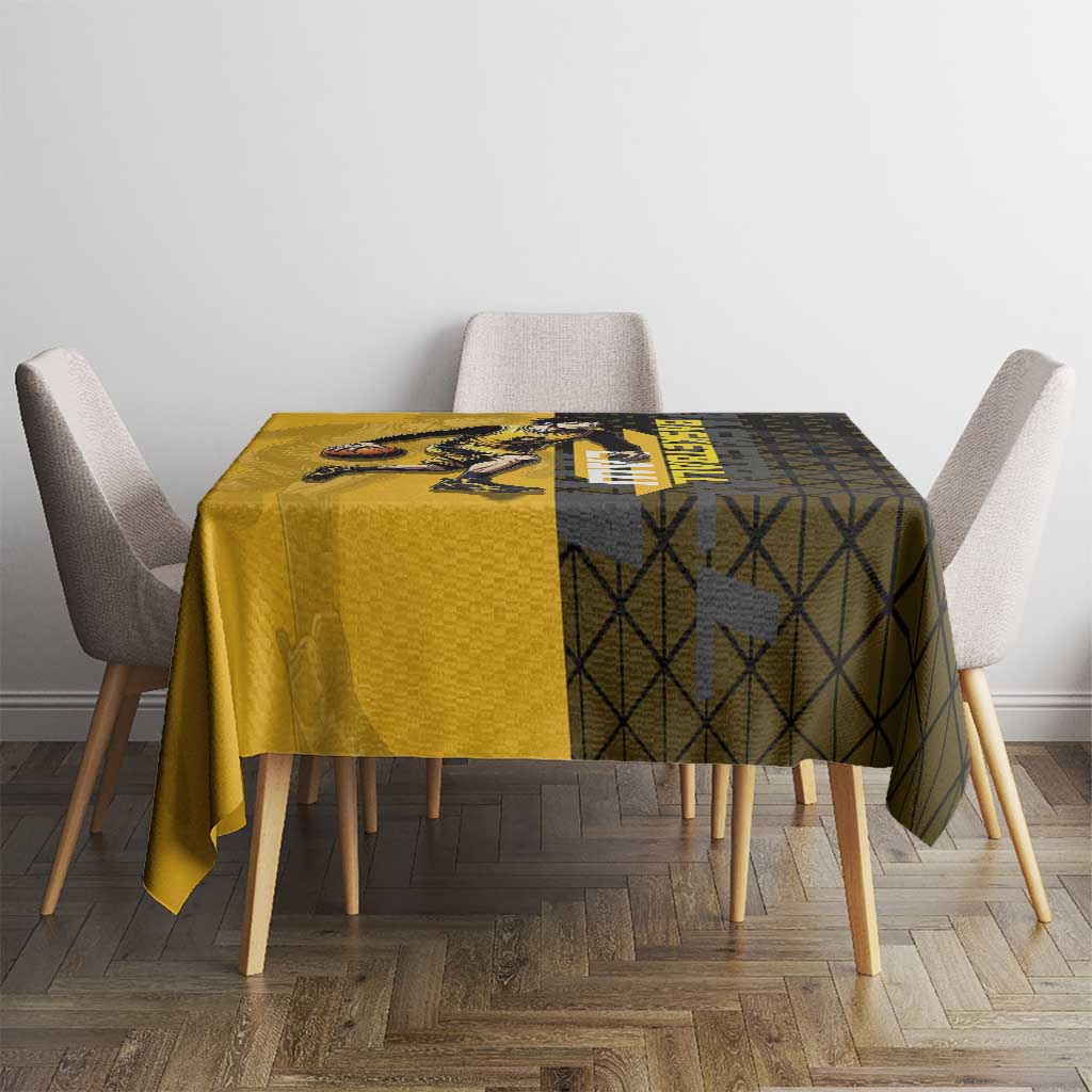 Trafalgar Law One Piece Basketball Theme Yellow and Black Design Tablecloth with Heart Pirates Emblem and Action Pose - The Mazicc