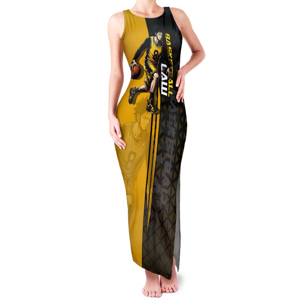 Trafalgar Law One Piece Basketball Theme Yellow and Black Design Tank Maxi Dress with Heart Pirates Emblem and Action Pose - The Mazicc