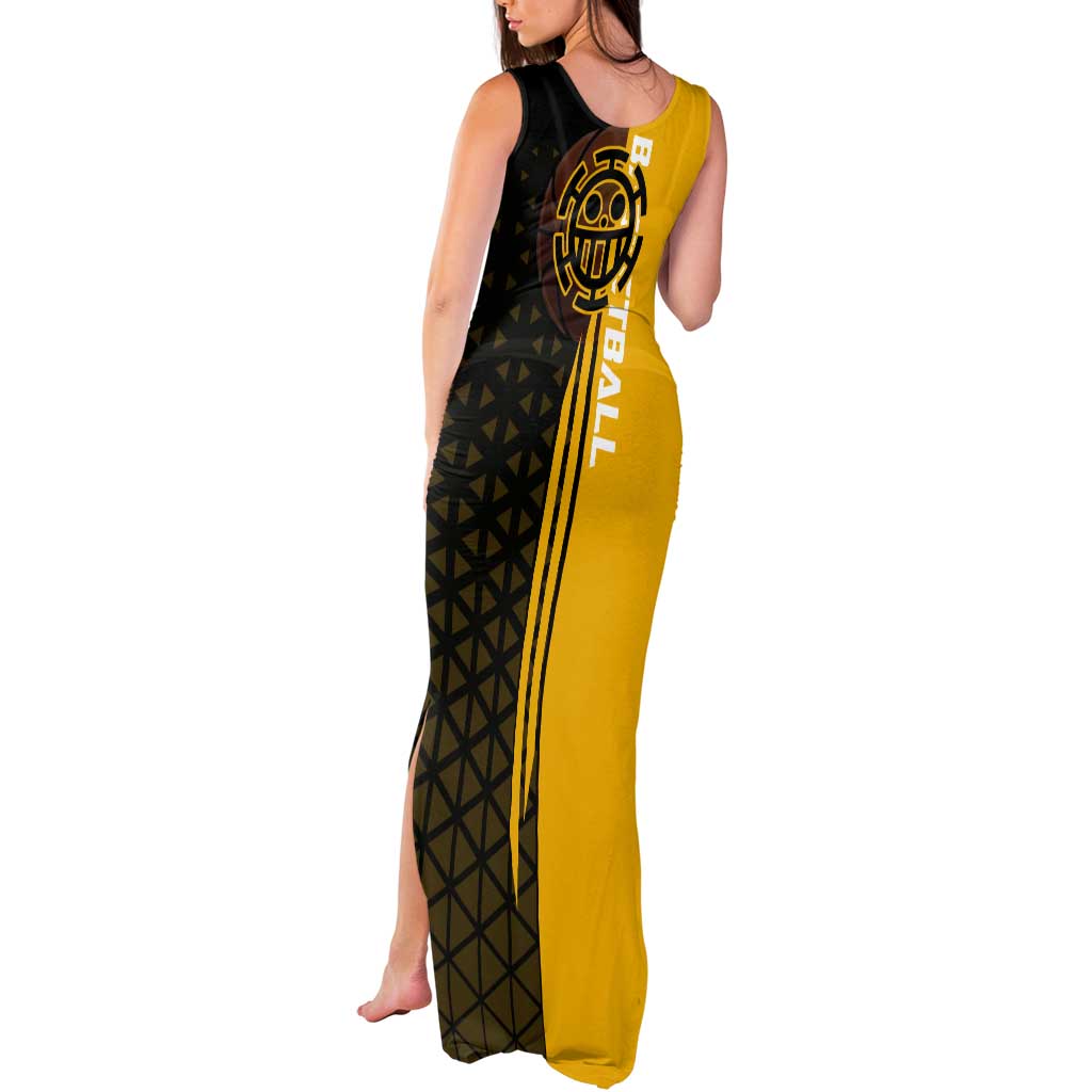 Trafalgar Law One Piece Basketball Theme Yellow and Black Design Tank Maxi Dress with Heart Pirates Emblem and Action Pose - The Mazicc