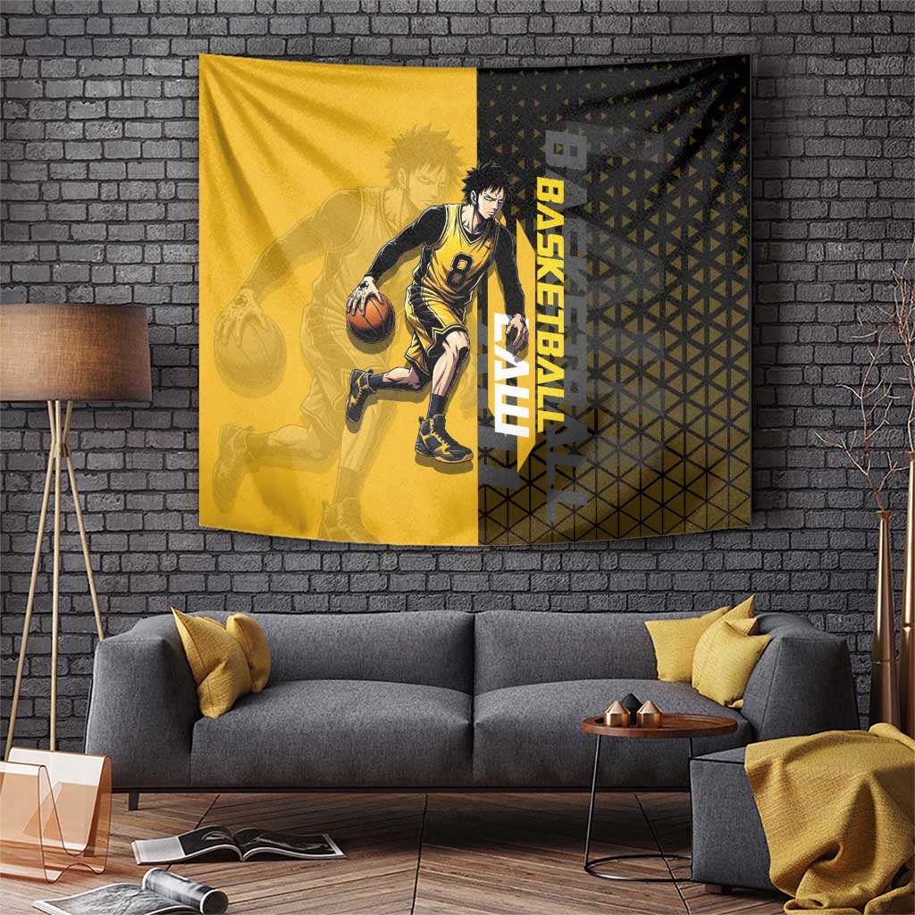 Trafalgar Law One Piece Basketball Theme Yellow and Black Design Tapestry with Heart Pirates Emblem and Action Pose - The Mazicc
