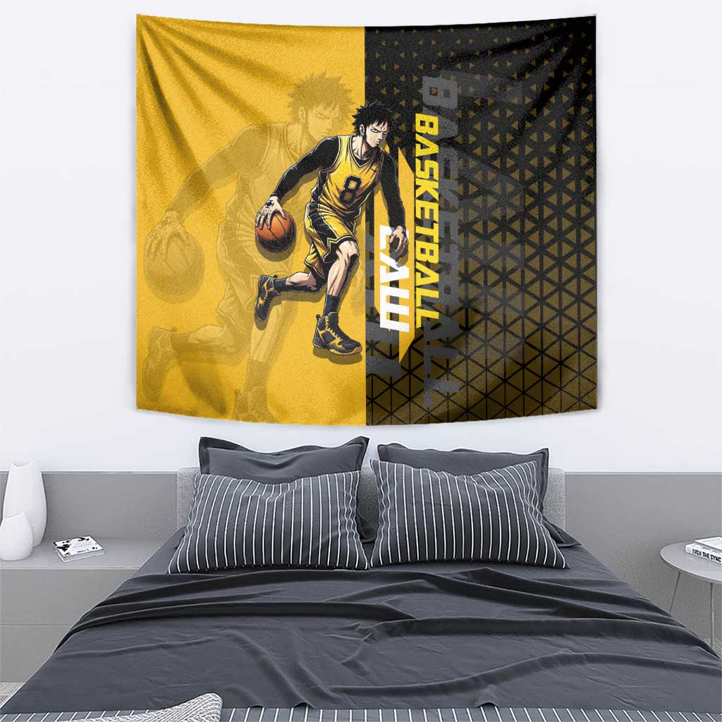 Trafalgar Law One Piece Basketball Theme Yellow and Black Design Tapestry with Heart Pirates Emblem and Action Pose - The Mazicc