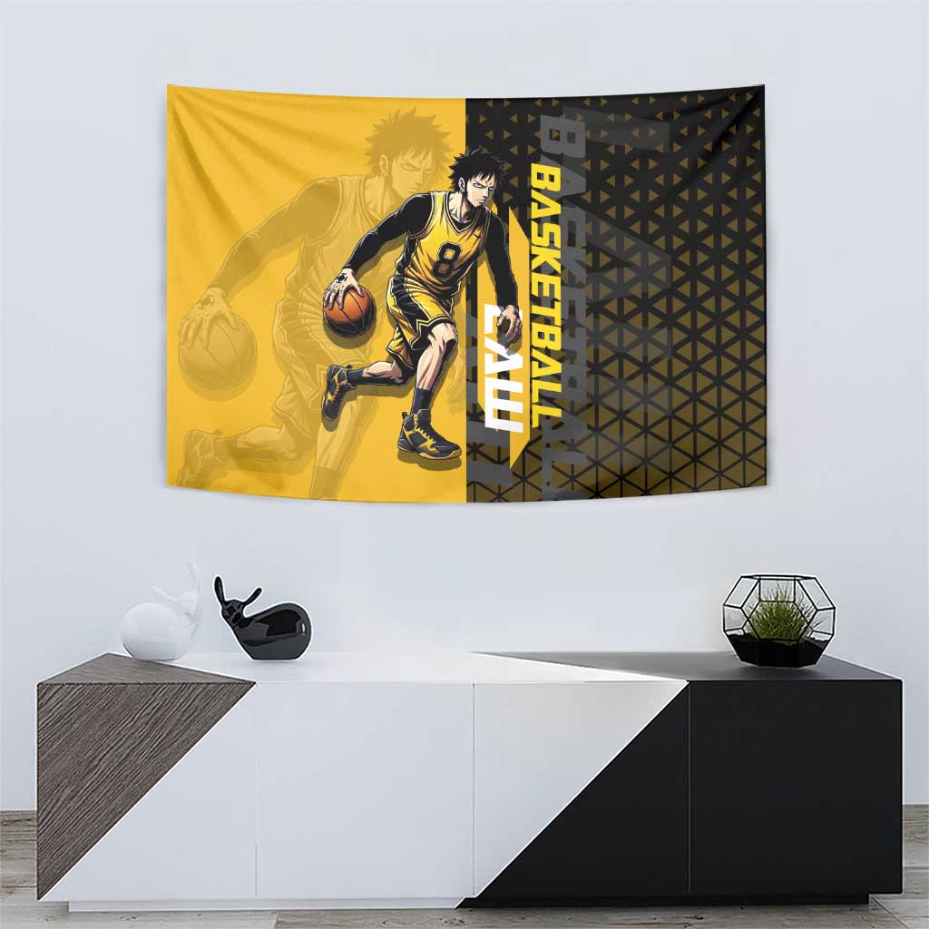 Trafalgar Law One Piece Basketball Theme Yellow and Black Design Tapestry with Heart Pirates Emblem and Action Pose - The Mazicc