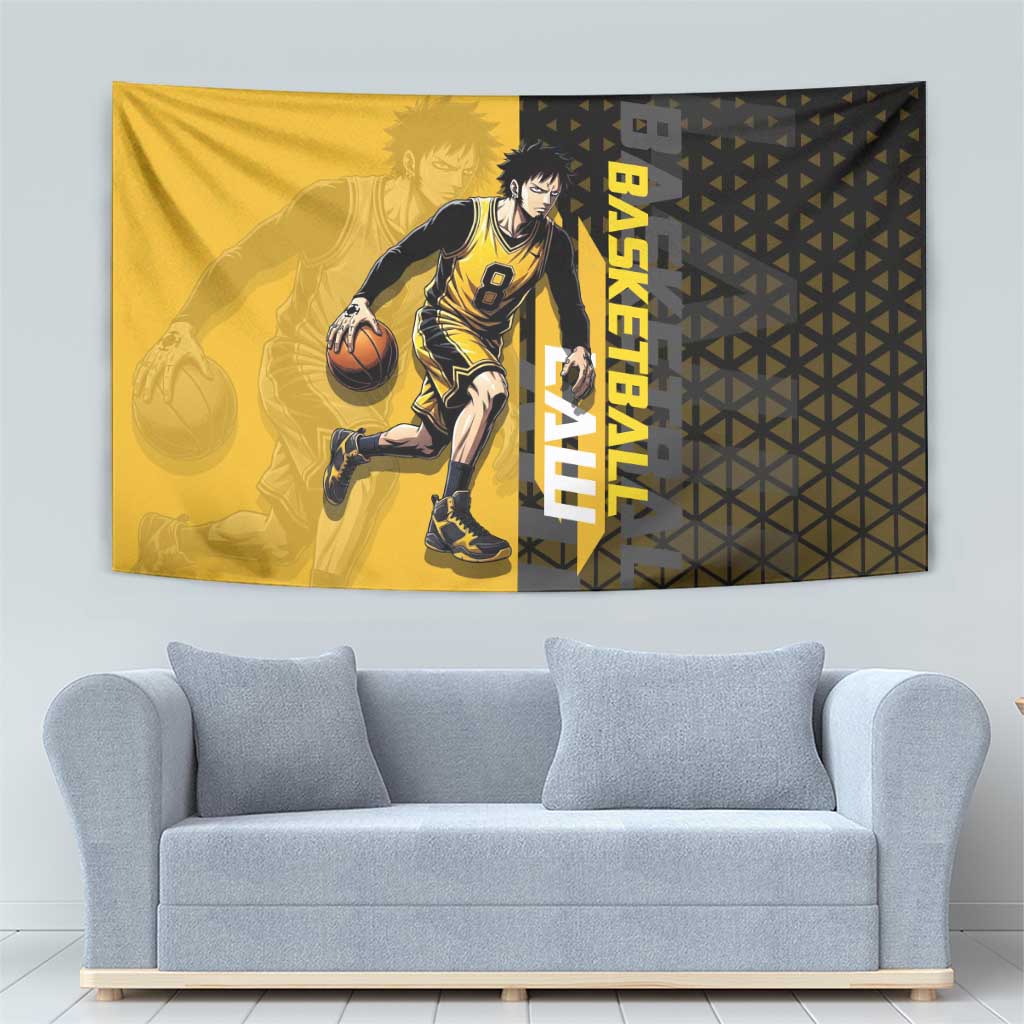 Trafalgar Law One Piece Basketball Theme Yellow and Black Design Tapestry with Heart Pirates Emblem and Action Pose - The Mazicc