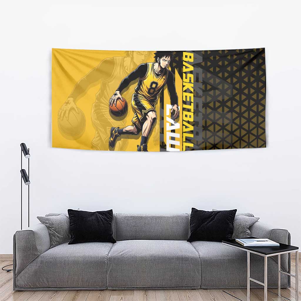 Trafalgar Law One Piece Basketball Theme Yellow and Black Design Tapestry with Heart Pirates Emblem and Action Pose - The Mazicc