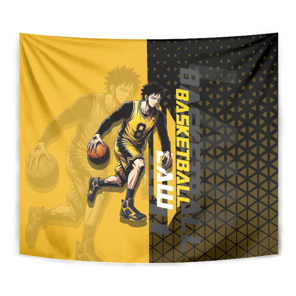 Trafalgar Law One Piece Basketball Theme Yellow and Black Design Tapestry with Heart Pirates Emblem and Action Pose - The Mazicc