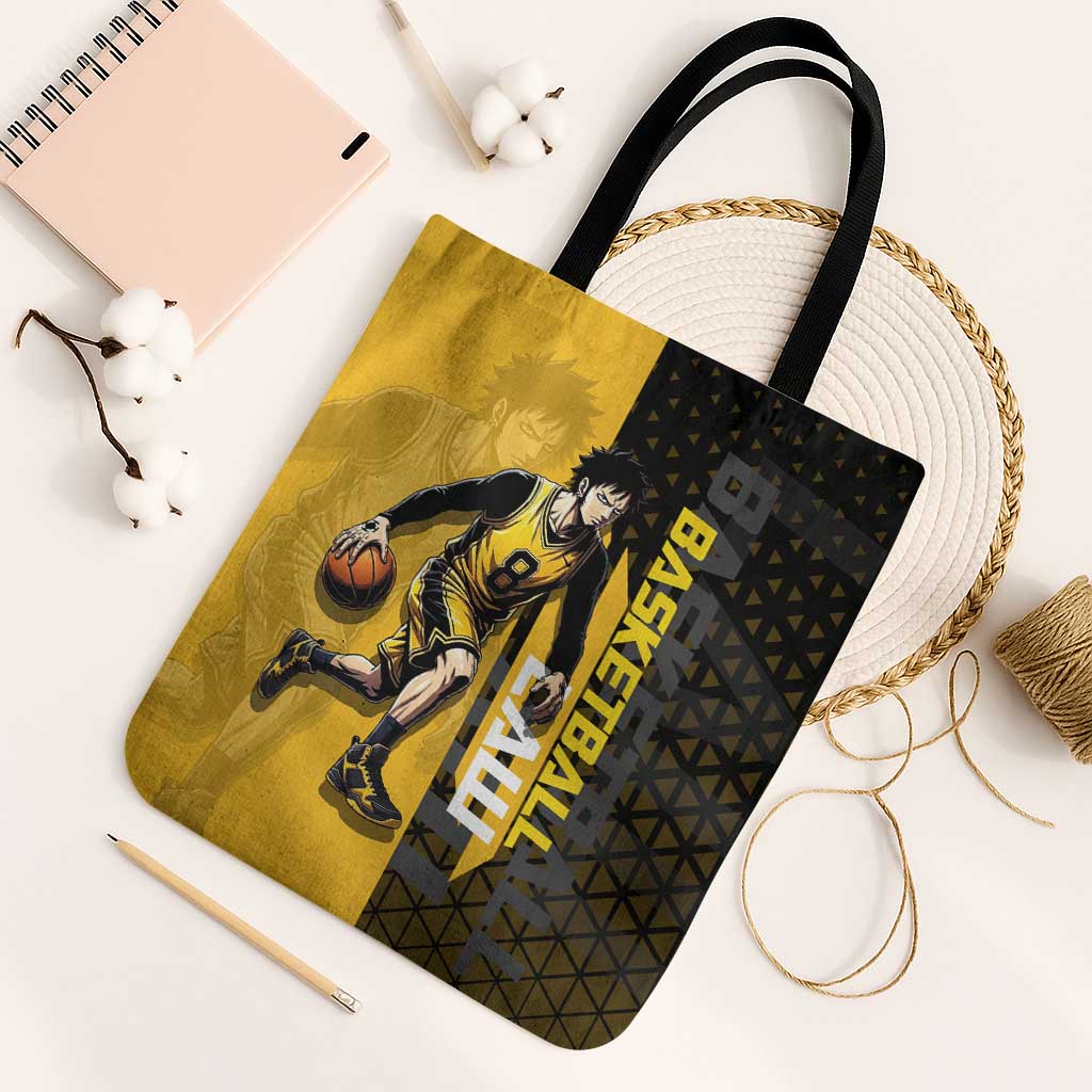 Trafalgar Law One Piece Basketball Theme Yellow and Black Design Tote Bag with Heart Pirates Emblem and Action Pose - The Mazicc