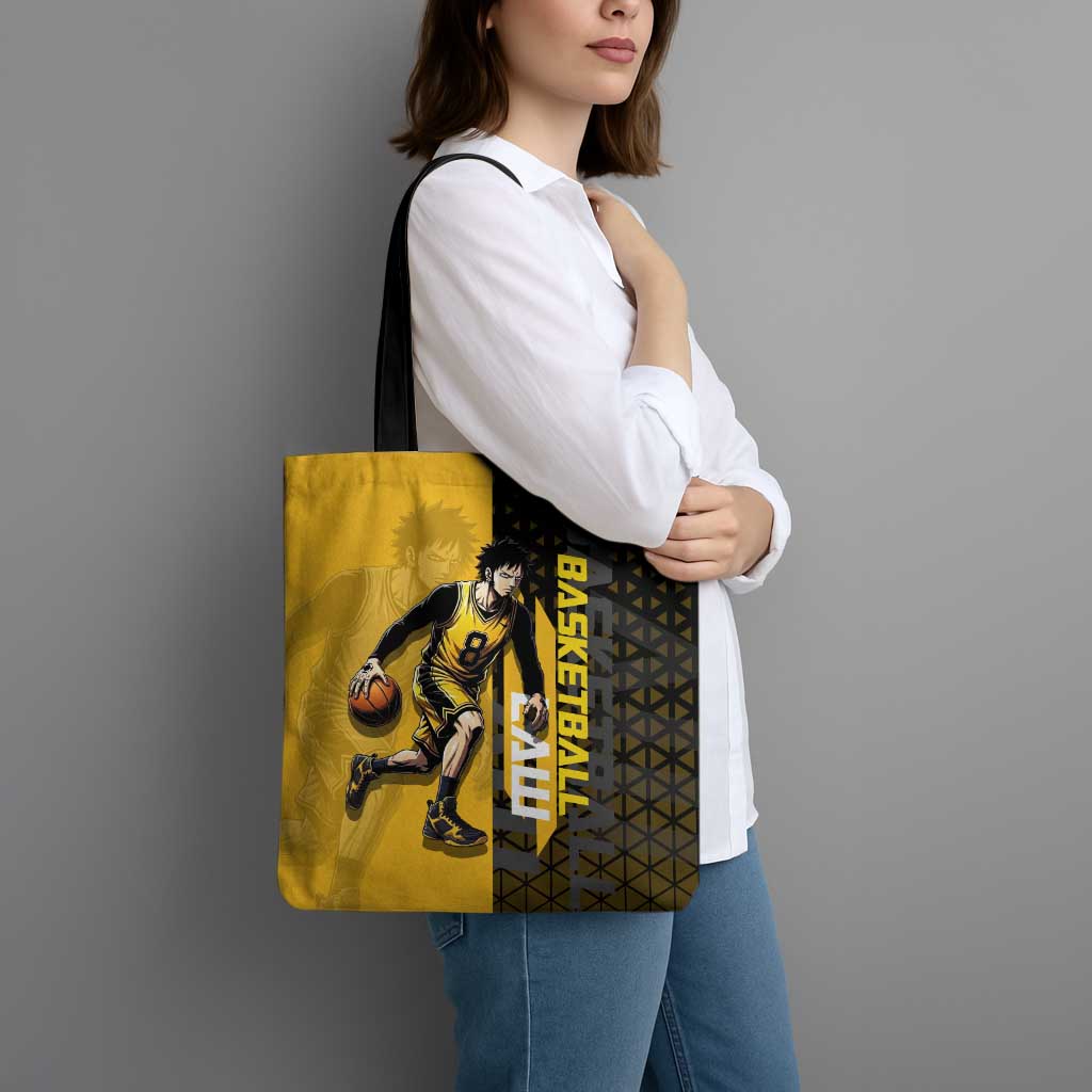 Trafalgar Law One Piece Basketball Theme Yellow and Black Design Tote Bag with Heart Pirates Emblem and Action Pose - The Mazicc