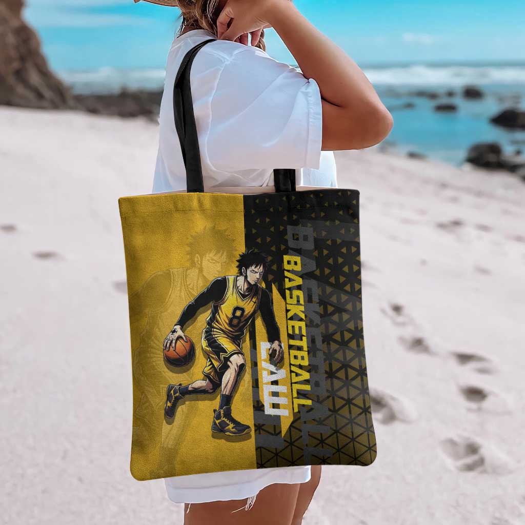 Trafalgar Law One Piece Basketball Theme Yellow and Black Design Tote Bag with Heart Pirates Emblem and Action Pose - The Mazicc