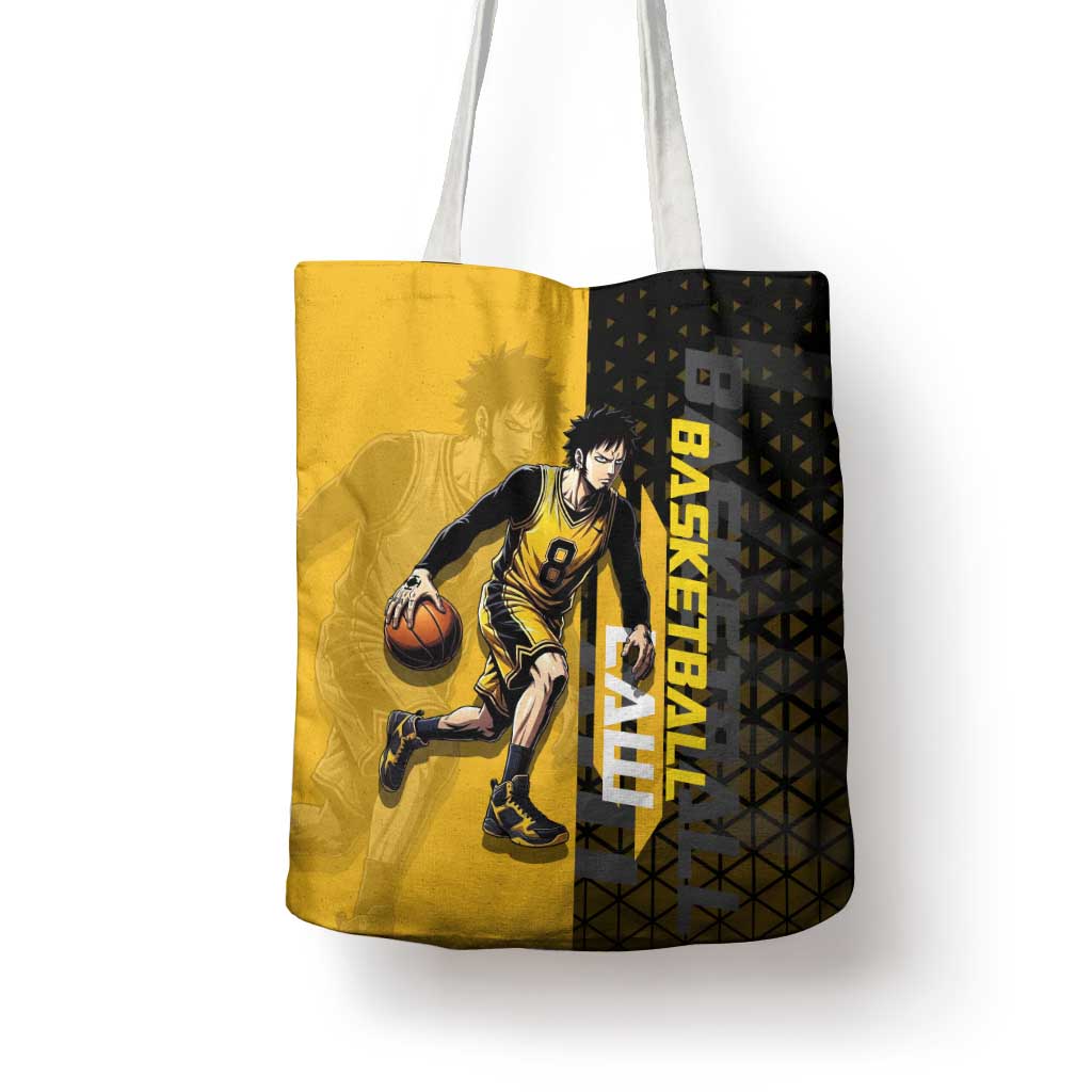 Trafalgar Law One Piece Basketball Theme Yellow and Black Design Tote Bag with Heart Pirates Emblem and Action Pose - The Mazicc