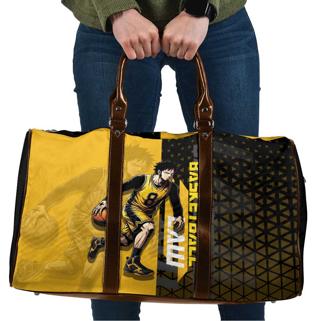 Trafalgar Law One Piece Basketball Theme Yellow and Black Design Travel Bag with Heart Pirates Emblem and Action Pose - The Mazicc