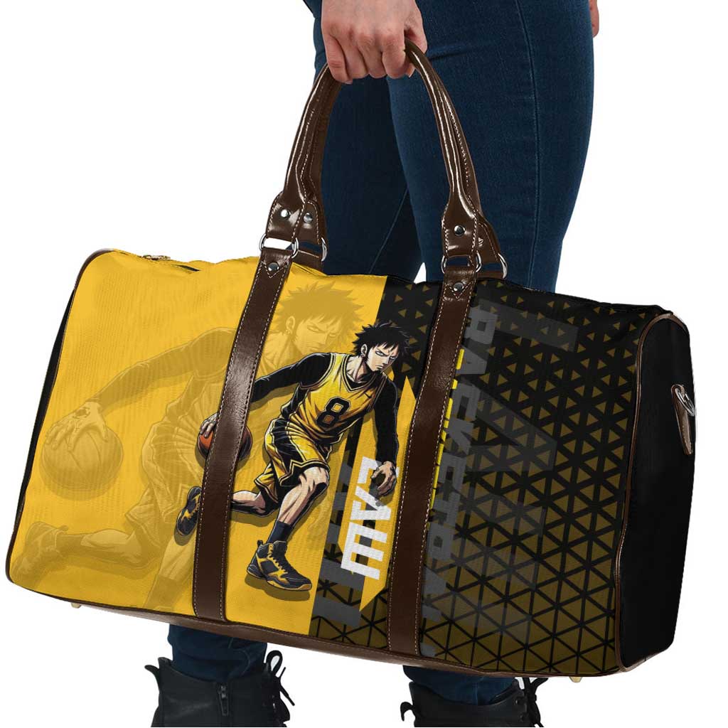 Trafalgar Law One Piece Basketball Theme Yellow and Black Design Travel Bag with Heart Pirates Emblem and Action Pose - The Mazicc
