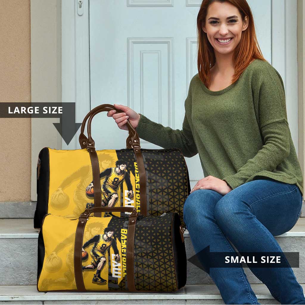 Trafalgar Law One Piece Basketball Theme Yellow and Black Design Travel Bag with Heart Pirates Emblem and Action Pose - The Mazicc