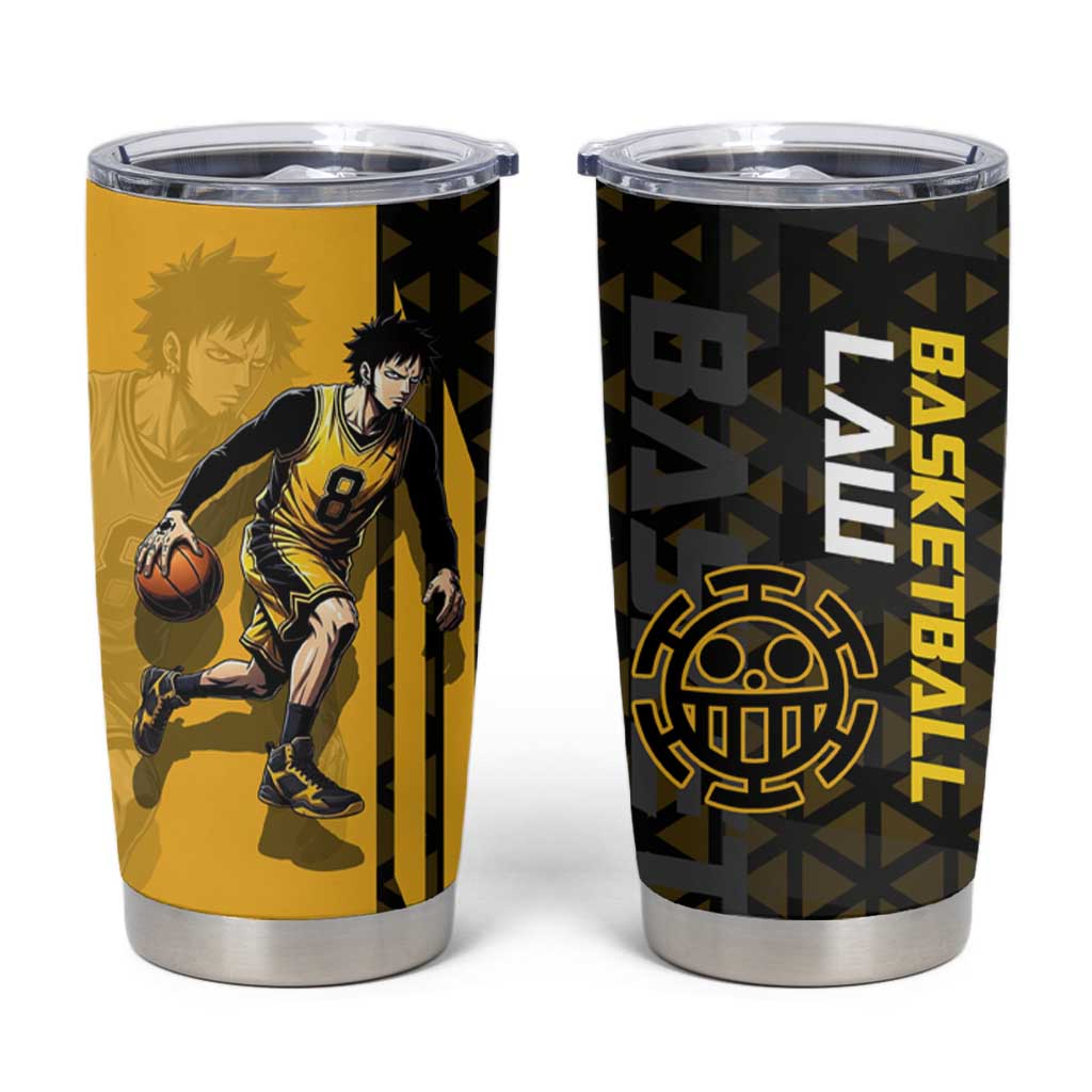 Trafalgar Law One Piece Basketball Theme Yellow and Black Design Tumbler Cup with Heart Pirates Emblem and Action Pose - The Mazicc