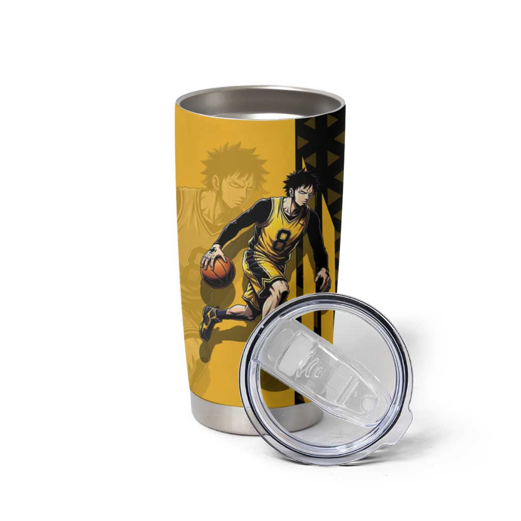 Trafalgar Law One Piece Basketball Theme Yellow and Black Design Tumbler Cup with Heart Pirates Emblem and Action Pose - The Mazicc