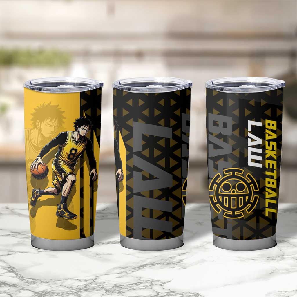Trafalgar Law One Piece Basketball Theme Yellow and Black Design Tumbler Cup with Heart Pirates Emblem and Action Pose - The Mazicc