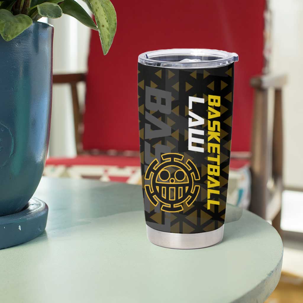 Trafalgar Law One Piece Basketball Theme Yellow and Black Design Tumbler Cup with Heart Pirates Emblem and Action Pose - The Mazicc
