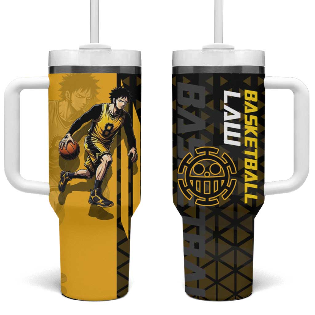 Trafalgar Law One Piece Basketball Theme Yellow and Black Design Tumbler With Handle with Heart Pirates Emblem and Action Pose - The Mazicc