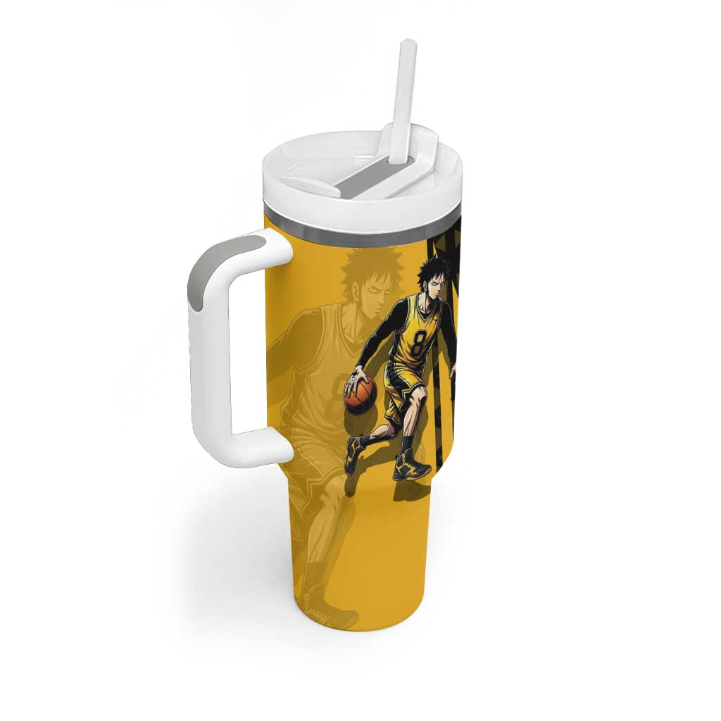 Trafalgar Law One Piece Basketball Theme Yellow and Black Design Tumbler With Handle with Heart Pirates Emblem and Action Pose - The Mazicc