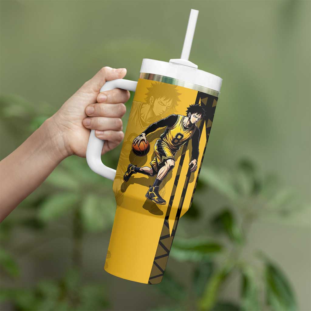 Trafalgar Law One Piece Basketball Theme Yellow and Black Design Tumbler With Handle with Heart Pirates Emblem and Action Pose - The Mazicc