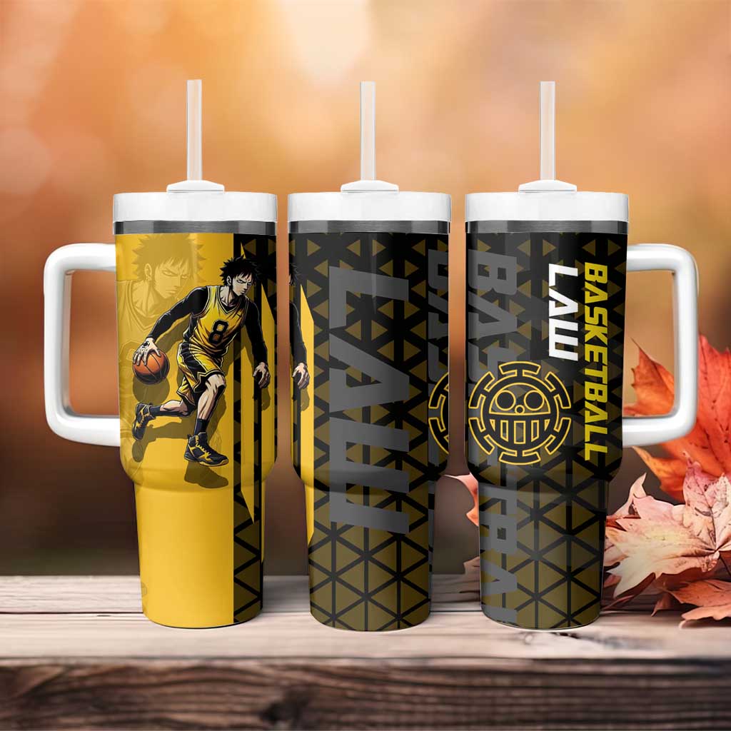 Trafalgar Law One Piece Basketball Theme Yellow and Black Design Tumbler With Handle with Heart Pirates Emblem and Action Pose - The Mazicc