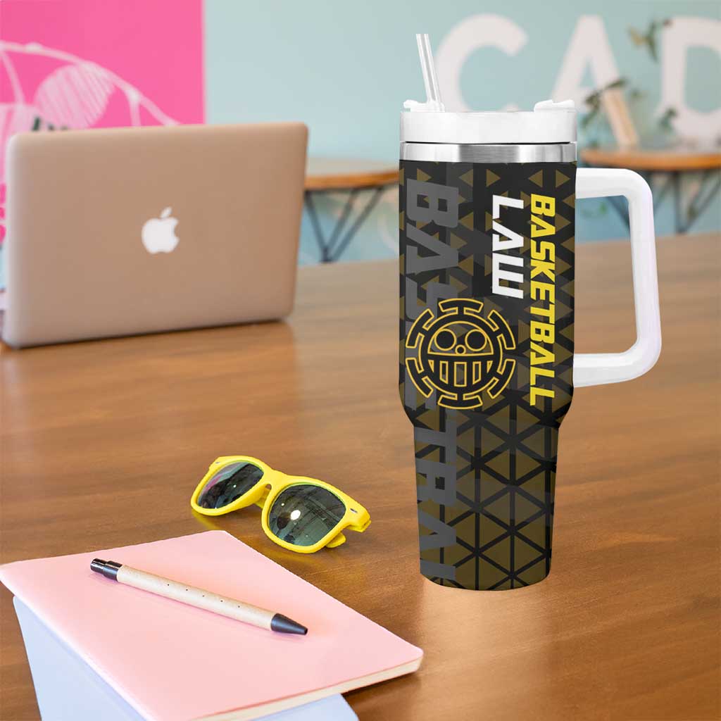 Trafalgar Law One Piece Basketball Theme Yellow and Black Design Tumbler With Handle with Heart Pirates Emblem and Action Pose - The Mazicc