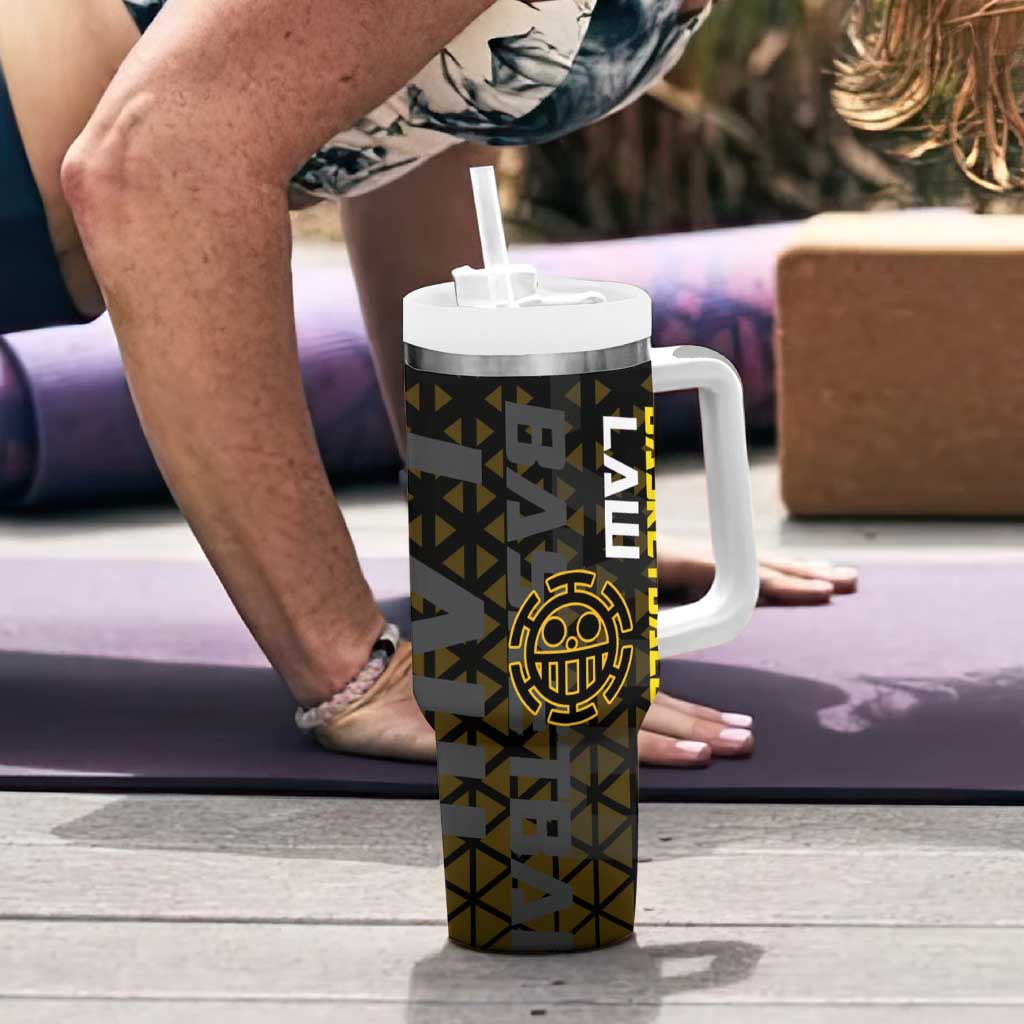 Trafalgar Law One Piece Basketball Theme Yellow and Black Design Tumbler With Handle with Heart Pirates Emblem and Action Pose - The Mazicc