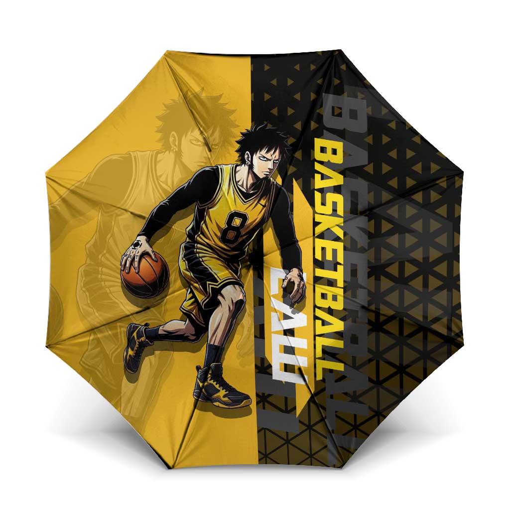 Trafalgar Law One Piece Basketball Theme Yellow and Black Design Umbrella with Heart Pirates Emblem and Action Pose - The Mazicc